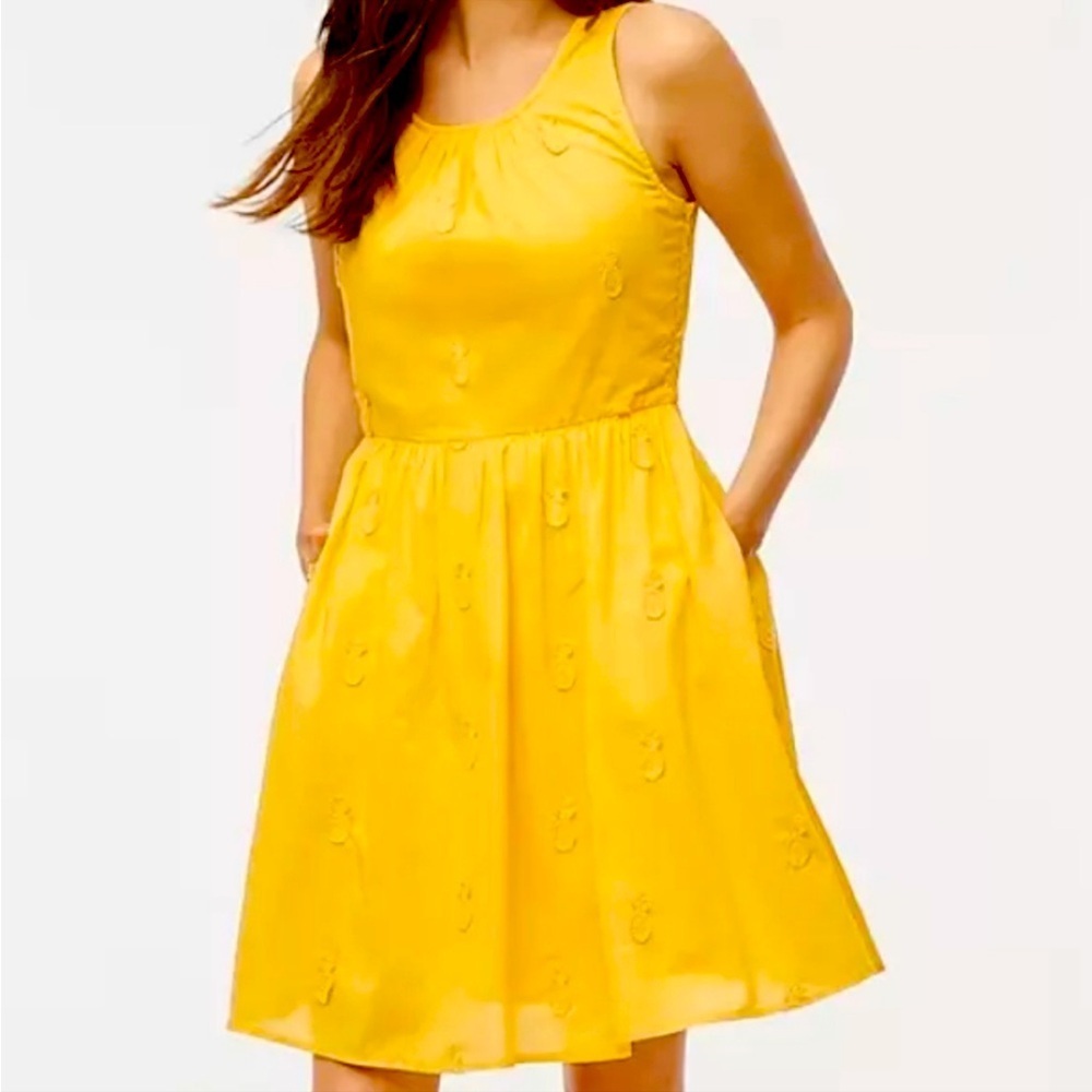 J. Crew Yellow Pineapple Appliqué Cotton Fit & Flare Dress Women’s Size …